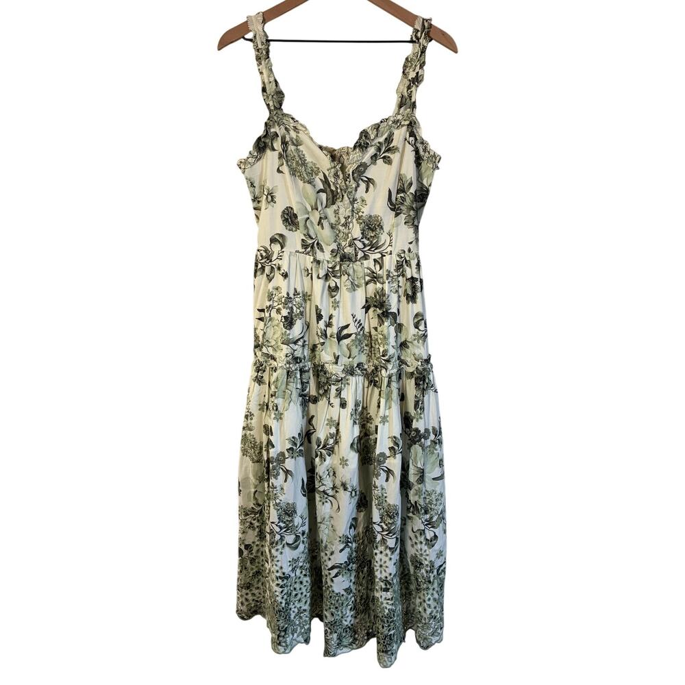 By Anthropologie Sleeveless Sweetheart A-Line Midi Green Floral Dress M - Flaws - Picture 4 of 13